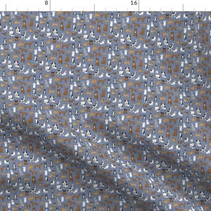 May include: A seamless pattern featuring a variety of dog breeds in different colors and poses on a blue background. The dogs are all cartoon-style illustrations and are arranged in a repeating pattern.