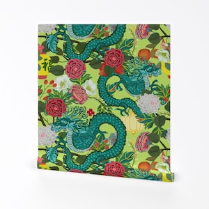 Thailand Dragon Removable Peel and Stick Wallpaper - Asia Large Scale Maximalist Lime Green - Wall Art Wall Decor - Chiang Mai by hnldesigns