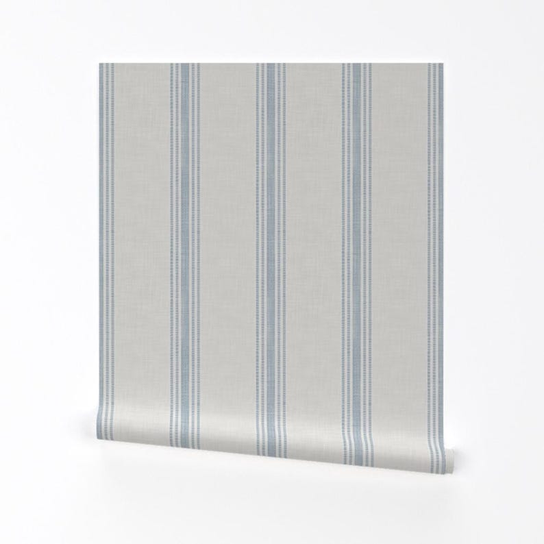 Blue Ticking Stripe Peel and Stick Wallpaper - French Farmhouse Country Rustic - Removable Wall Decor Art - French Provincial by kittenlane image 2