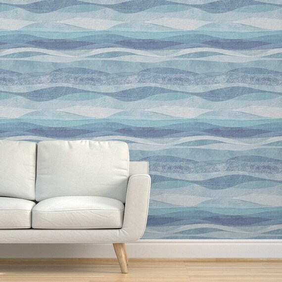 Removable Water-Activated Wallpaper Ocean Waves Blue Aqua Modern Wavy Sea