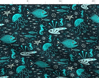 Ocean Fabric - Ocean Aglow By Studioxtine - Blue Black Sea Animals Coral Fish Underwater Seahorse Cotton Fabric By The Yard With Spoonflower