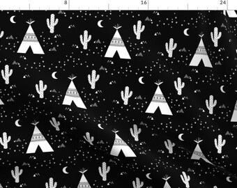 Teepee Fabric - Teepee - Black Background By Kimsa - Teepee Black White Tribal Boho Cactus Cotton Fabric By The Yard With Spoonflower