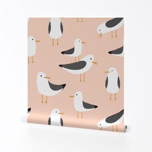 Coastal Removable Peel and Stick Wallpaper - Whimsical Peach Orange Cute Seagulls - Wall Art Wall Decor - Seagulls  by sasha_tyrer