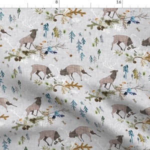 Woodland Stag Fabric - Duelling Stags In Forest Med By Nouveau Bohemian - Stag Deer Nursery Decor Cotton Fabric By The Yard With Spoonflower