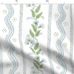Regency Floral Fabric - Soft Blue And Greens by danika_herrick - Folk Art Light Blue Leaves Flower Vine Fabric by the Yard by Spoonflower