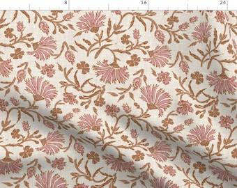 May include: A seamless pattern featuring pink and brown floral designs on a white background. The pattern is reminiscent of traditional Indian block printing.