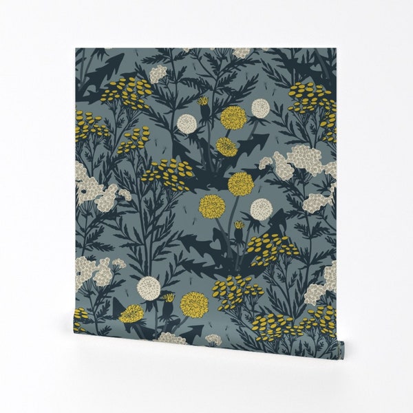 Weeds Wallpaper - Weeds I Love By Fernlesliestudio - Dandelion Tansy Yellow Teal Removable Self Adhesive Wallpaper Roll by Spoonflower