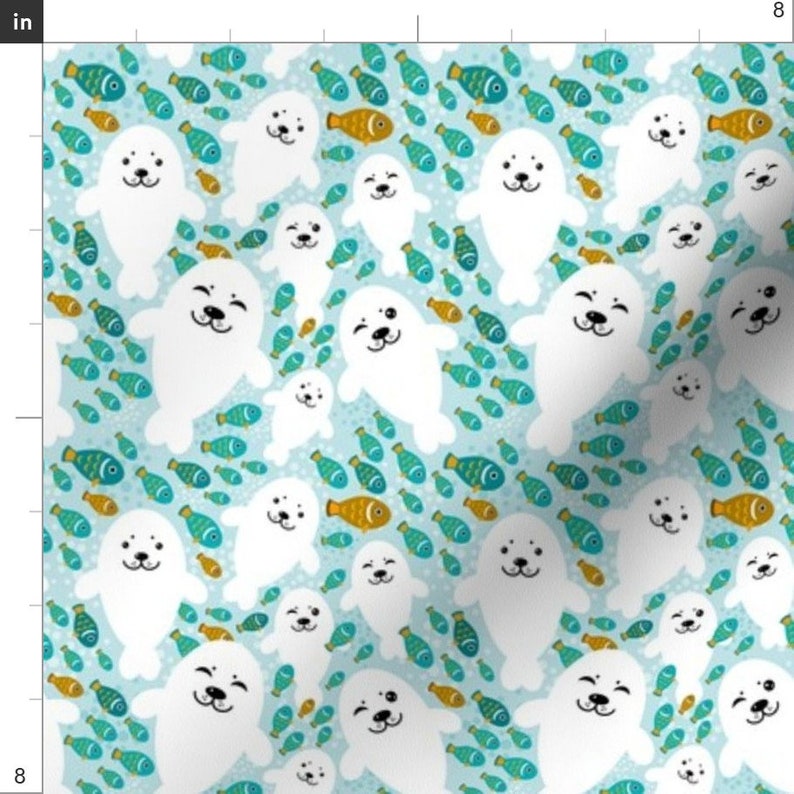 Swimming Seal Fabric Fish And White Baby Seal Animal In Blue Etsy
