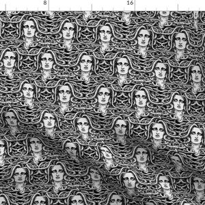 May include: Black and white repeating pattern featuring the face of Medusa, surrounded by snakes. The pattern is a seamless design.