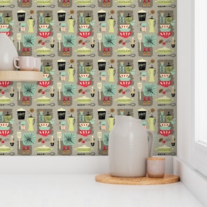 Mid Century Wallpaper - Kitchenette by neryl - Kitchen Retro Look Mid Century Modern Food Removable Peel and Stick Wallpaper by Spoonflower