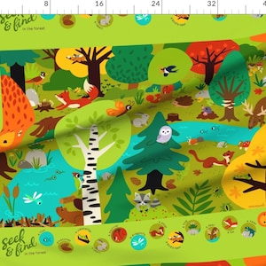 May include: A colorful illustration of a forest scene with various animals, including a fox, deer, owl, squirrel, and raccoon. The illustration is on a green background with the text "Seek & Find in the forest" at the bottom. There are also small circles with images of different animals and the text "a fish", "a caterpillar", "a squirrel", "a dragonfly", "a star", "a frog", "a deer", "a fox", "a frog", "a butterfly" and "a bird's nest".