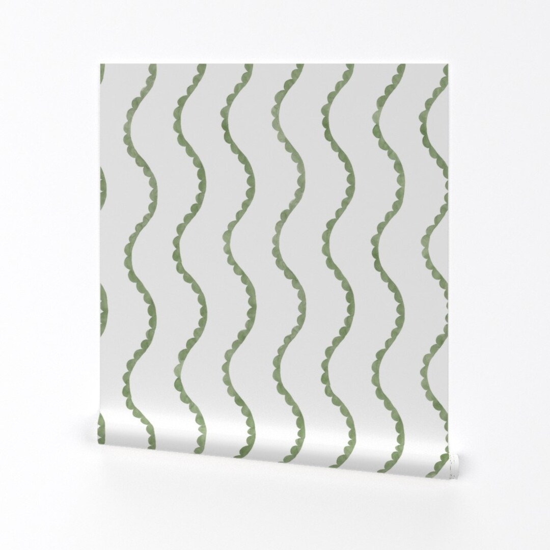 Sage Green Stripe Wallpaper Watercolor Waves Scalloped by Miridesign