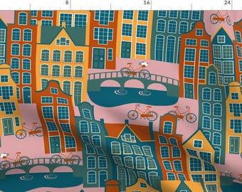 Amsterdam Landscape Buildings City Fabric - Biking In Amsterdam By Amy Maccready - Amsterdam Cotton Fabric By The Yard With Spoonflower