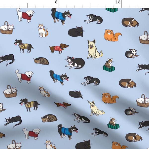 Cats + Dogs Fabric - Cats And Dogs By Sheena Hisiro - Blue Pet Cat and Dog Nursery Decor Cotton Fabric By The Yard With Spoonflower