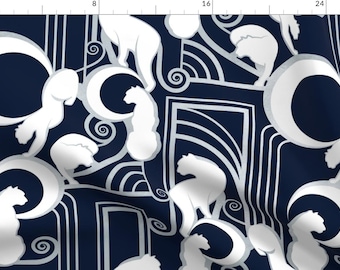 Art Nouveau Fabric - Deco Gatsby Panthers // Navy And Silver By Selmacardoso - Art Nouveau Cats Cotton Fabric By The Yard With Spoonflower