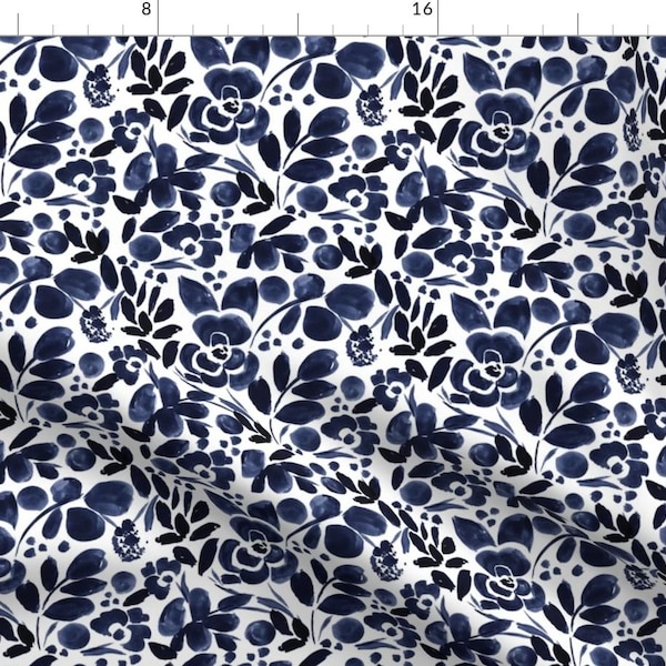 Floral Fabric - Navy Floral Medium By Crystal Walen - Watercolor Indigo Floral Modern Upholstery Cotton Fabric By The Yard With Spoonflower