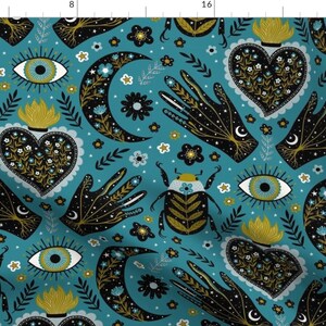 Talisman Fabric - Magical Floral Talismans By Bexmorley - Blue Dark Beetles Moons Hamsa Evil Eye Cotton Fabric By The Yard With Spoonflower