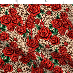 Red Roses Fabric - Red Tattoo Roses On Leopard By Beesocks - Red Roses Leopard Spots Red Black Cotton Fabric By The Yard With Spoonflower