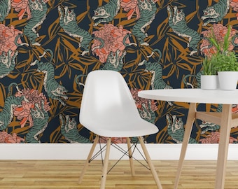 Maximalistische Tiger-Tapete zum Aufkleben – Boho-Blumenmuster im Dschungelstil – Abnehmbare Wanddekoration – Bengal-Navi-Tiger von holli_zollinger