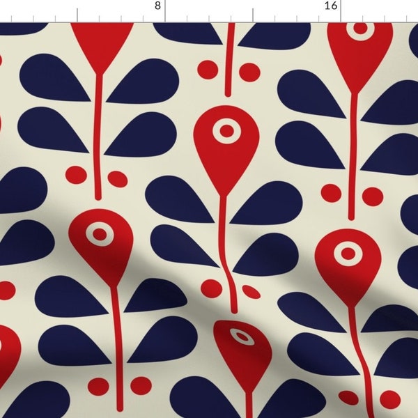 Scandi Floral Fabric - Scandinavian Flowers by roucoucou - Blue Red Retro Geometric Plants Bold Folk Art Fabric by the Yard by Spoonflower