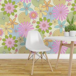 Lekfull retro blommig självhäftande tapet - pasteller 1976-tals vintage - avtagbar väggdekoration - 60-tals blomstertid av michelle_hunt_studio