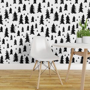 Nursery Wallpaper - Forest Trees / Black White Minimal by Andrea Lauren - Custom Removable Self Adhesive Wallpaper Roll by Spoonflower
