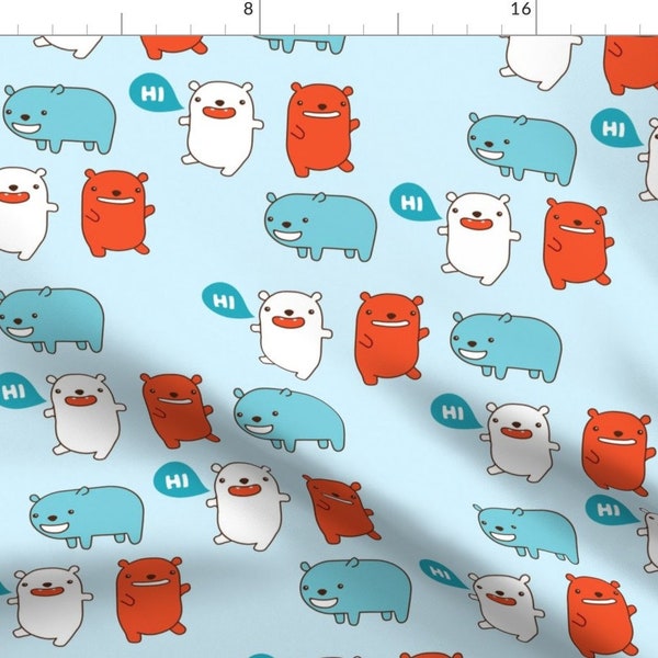 Happy Bears Fabric - Happy Bears Say Hi By Marilynpatrizio - Bears Animal Hi Hello Red Blue White Cotton Fabric By The Yard With Spoonflower