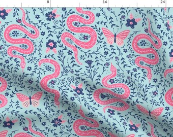 Reptilia Fabric - Floral Snakes By Luli Print - Blue Pink Kids Butterfly Moth Flowers Reptile Cotton Fabric By The Yard With Spoonflower