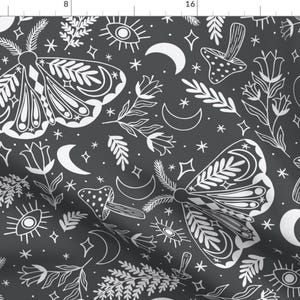 May include: A black and white seamless pattern featuring moths, mushrooms, crescent moons, stars, and stylized floral elements. The pattern is on a dark gray background.