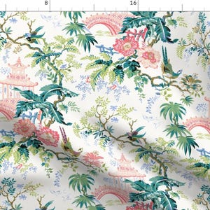 Chinoiserie Fabric - Pagoda In Pink by whitneyenglish -  Preppy Pagoda Grandmillennial Classic Fabric by the Yard by Spoonflower