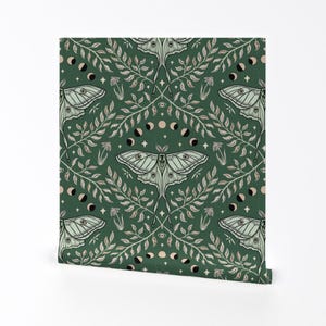 Carta da parati rimovibile Boho Night Sky Peel and Stick - Fasi lunari verde oliva - Decorazione murale - Luna Moths Damask di misentangledvision