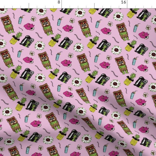 Tiki Fabric - Haunted Psychobilly Luau In Hibiscus Pink By Elliottdesignfactory - Tiki Halloween Cotton Fabric By The Yard With Spoonflower