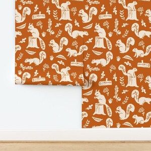 Fall Wallpaper - Squirrels Linocut Fall Autumn By Andrea Lauren - Custom Printed Removable Self Adhesive Wallpaper Roll by Spoonflower image 4