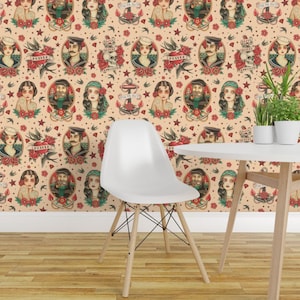 Papier peint tatouage - Tatouage Old School Beige Grand Format par Crixtina - Rouleau de papier peint autocollant amovible imprimé sur mesure beige par Spoonflower