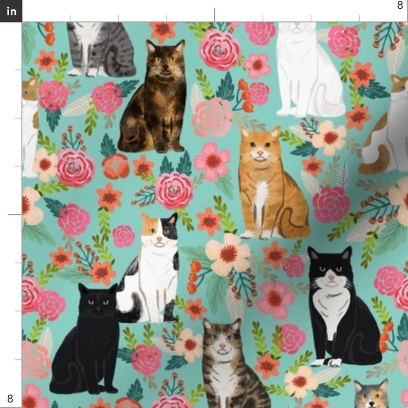 Cat Fabric Cat Florals Mixed Breeds Pet Fabrics Mint By Etsy