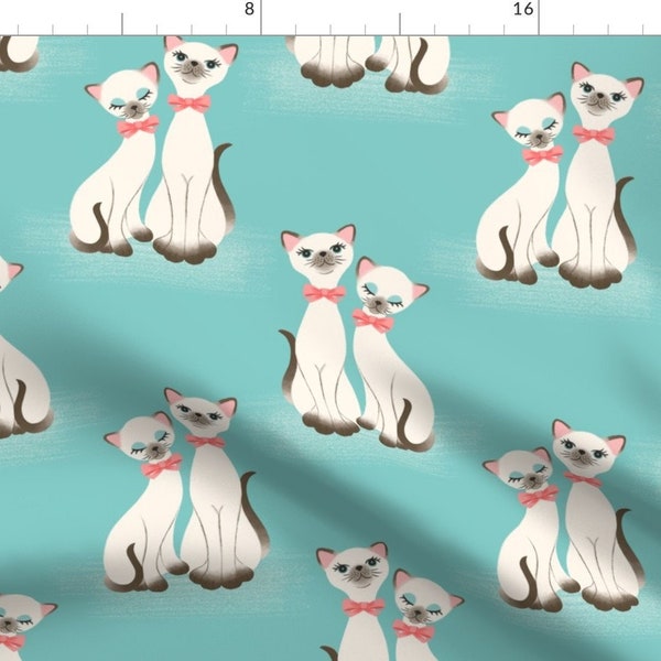 Vintage Siamese Cats Blue Twins Fabric - Kitsch Kitties - Aqua By Heather Anderson - Vintage Cotton Fabric By The Yard With Spoonflower