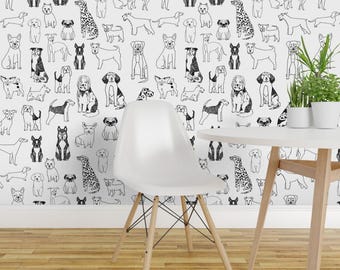 Dog Wallpaper - Black And White Hand Drawn Dogs By Andrea Lauren - Dog Puppies Pets Removable Self Adhesive Wallpaper Roll by Spoonflower
