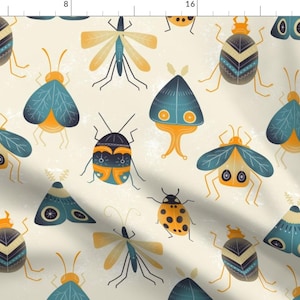 Bugs Fabric - Retro Bugs, Beetles, And Moths By Writtenbykristen - Beige Blue Green Kids Science Cotton Fabric By The Yard With Spoonflower