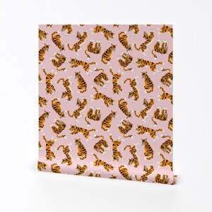 Tiger Wallpaper - Tigers On The Pink (Small) By Alenkakarabanova - Custom Printed Removable Self Adhesive Wallpaper Roll by Spoonflower