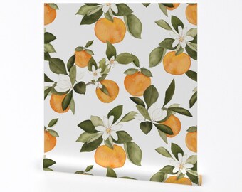 Oranges Wallpaper - Orange Blossom by mintpeony - Summer Botanical Fruit Citrus Floral  Removable Peel and Stick Wallpaper by Spoonflower