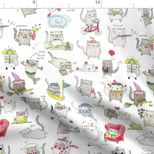 Silly Kitties Fabric - Tiny Cats By Hikomari - Watercolor Funny Kitten Novelty Cotton Fabric By The Yard With Spoonflower