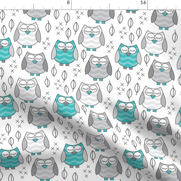 Blue and Gray Baby Owl Fabric - Teal And Grey Sleeping Owls By Lilcubby - Baby Owl Nursery Decor Cotton Fabric By The Yard With Spoonflower