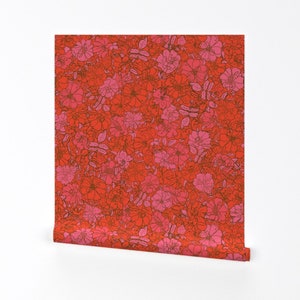 Red Floral Wallpaper - Flower Power by artbyjenbackman - Pink Retro Flowers Hand Drawn Removable Peel and Stick Wallpaper by Spoonflower