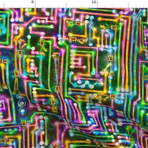 May include: A colourful abstract pattern of glowing circuit boards with a green background. The circuit boards are made up of lines and dots in various colours, including yellow, pink, blue, and green.