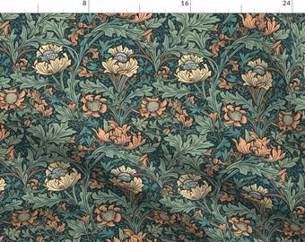 Pode incluir: Um tecido com um padrão floral repetido. O design apresenta flores estilizadas em tons de amarelo, pêssego e azul-acinzentado, sobre um fundo verde-azulado escuro. As folhas são uma mistura de verde e verde-azulado.