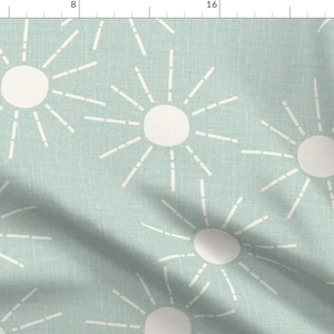 Sun Fabric - Jumbo  Sunshine Linen Summer Suns Mint Green by erin__kendal - Kids Summer Sunshine Suns Fabric by the Yard by Spoonflower