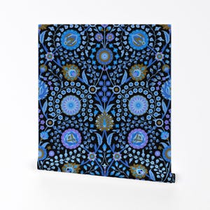 May include: Blue and gold floral pattern wallpaper with a black background. The pattern features intricate details and a repeating design.