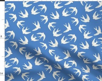 Flying Swallow Apparel Fabric - Flying Birds On Blue by yara_dutra - Blue White Whimsical Fun Cute Clothing Fabric by Spoonflower