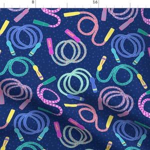 May include: A seamless pattern featuring colorful jump ropes on a dark blue background. The jump ropes are in various colors, including pink, blue, green, and yellow. The pattern is perfect for fabric, wallpaper, or other creative projects.