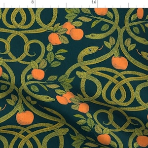 Garden Of Eden Fabric - Serpents And Apples by ceciliamok - Serpents Snakes Apples Orange Green Navy Adam Fabric by the Yard by Spoonflower